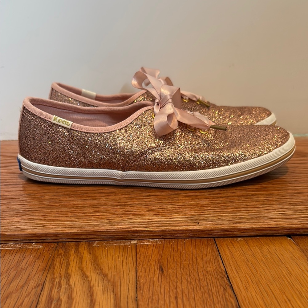 Kate Spade X Keds rose gold sparkle glitter lace up sneakers w/ pink satin laces